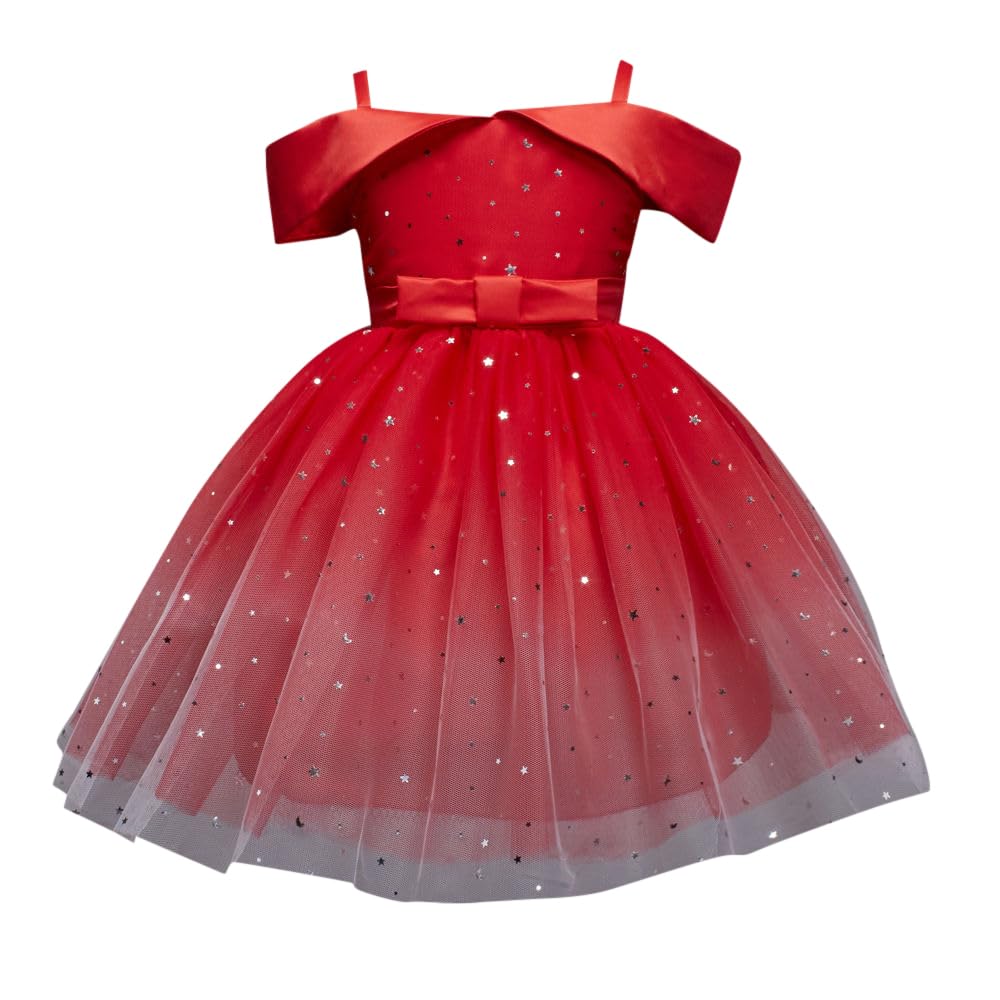 Hopscotch Girls Knee Length Party Dresses in Red Color for Ages (6-7 Years)