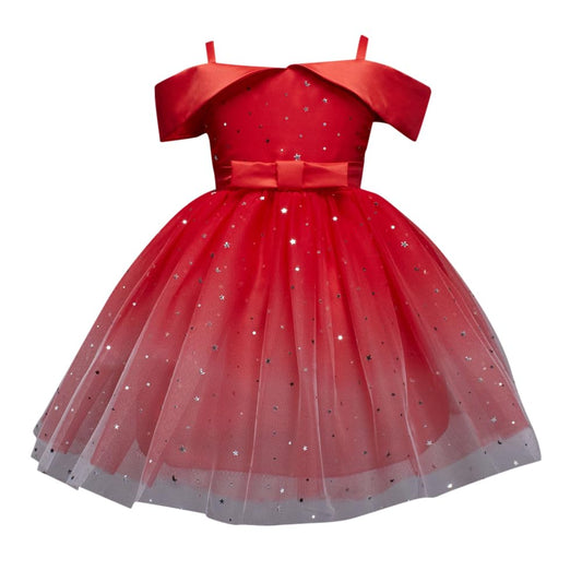 Hopscotch Girls Knee Length Party Dresses in Red Color for Ages (6-7 Years)