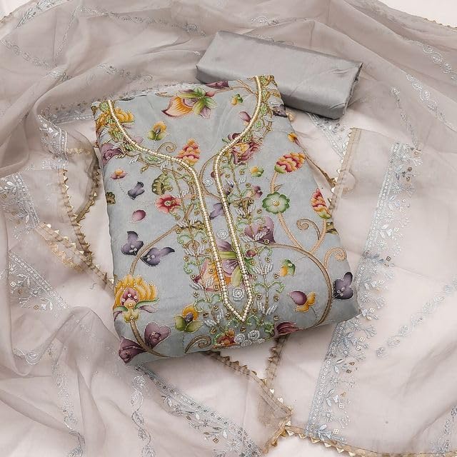 VARNI FABRICS Organza Dress Material for Women Floral Unstitched Woman Salwar Suit Dress Material With Organza Dupatta Pastel Pink