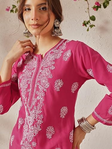 Ada Hand Embroidered Lucknowi Chikankari Cotton Kurti Kurta for Women A411775 Magenta (S)