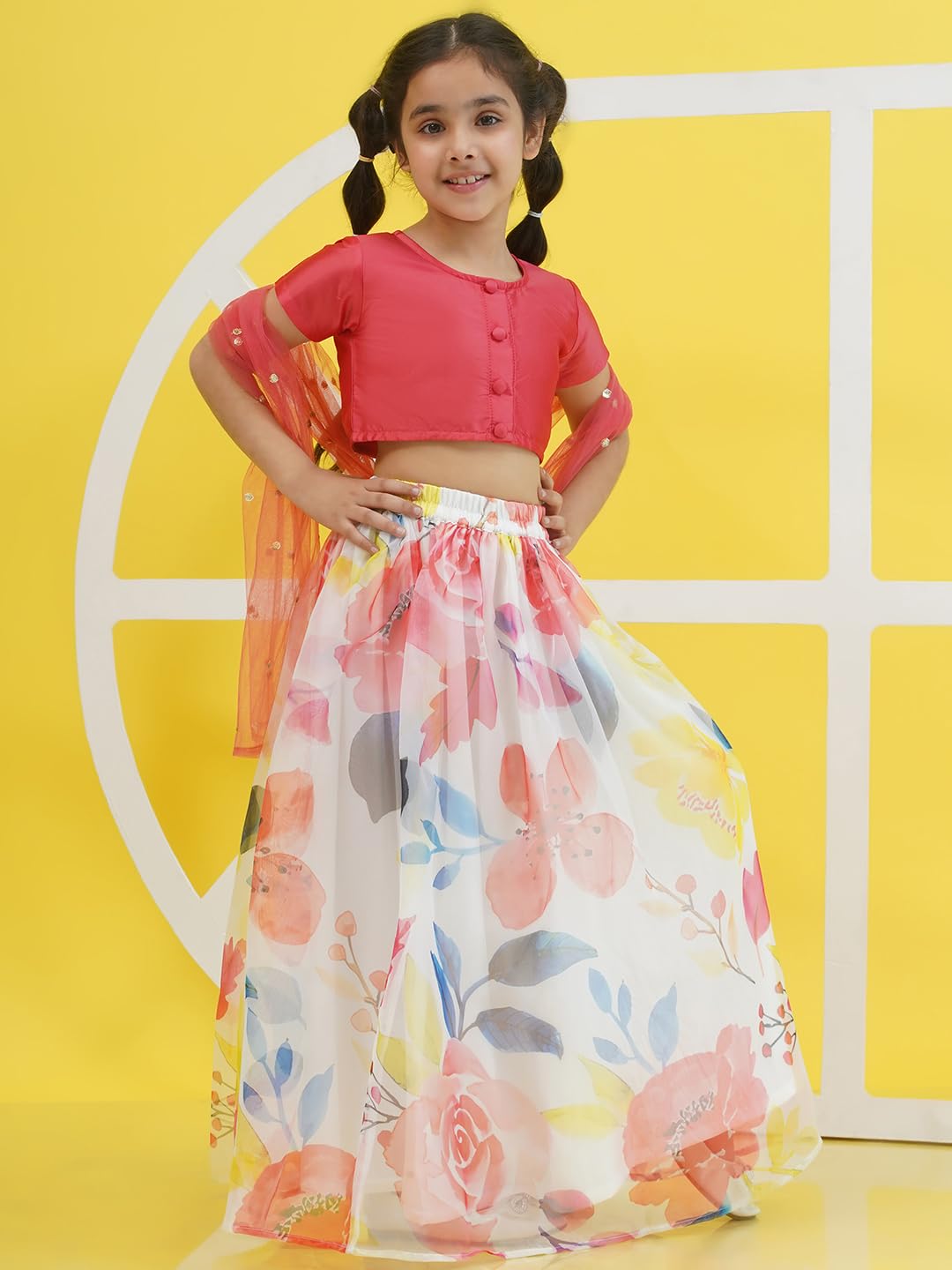 AJ DEZINES Kids Ethnic Wear Silk Blend Organza Floral Printed Pink Lehenga Choli for Girls With Dupatta (G-LH-16-PINK-36)