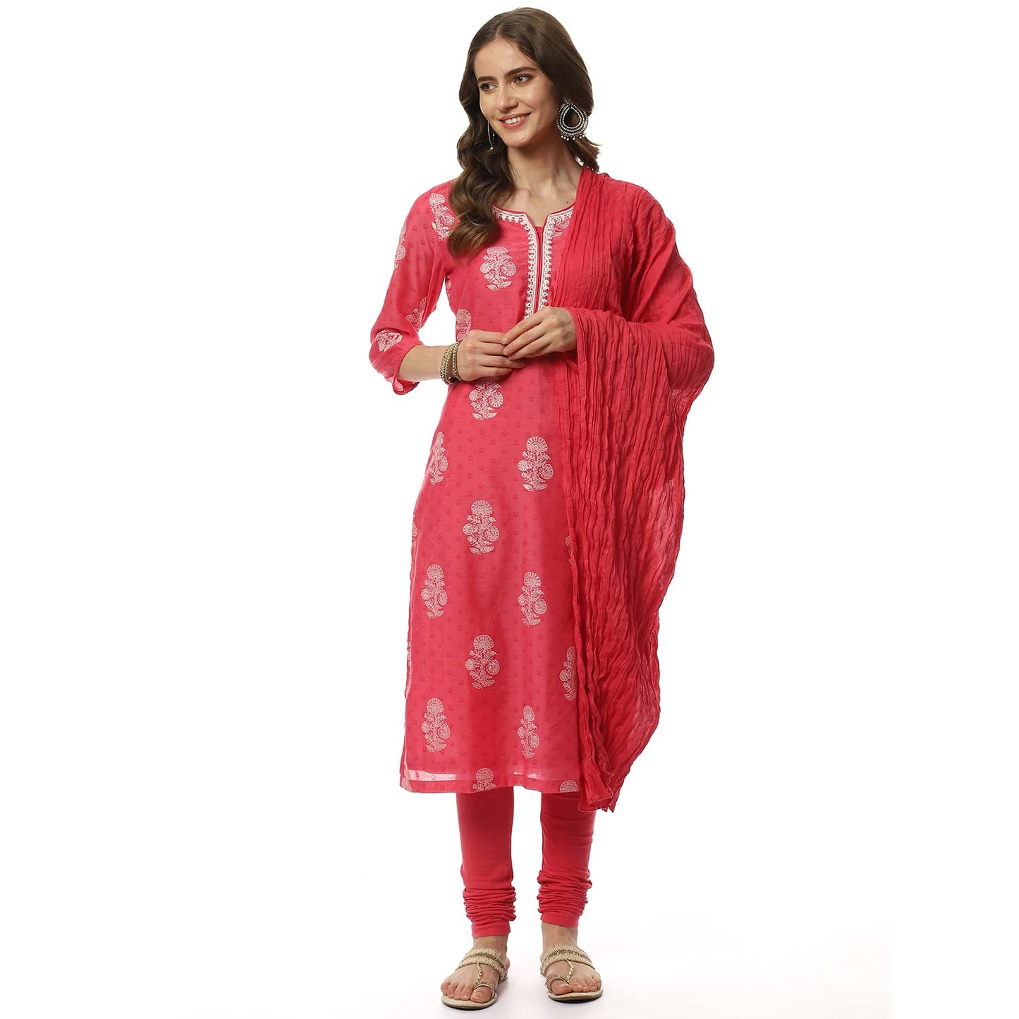 BIBA Women's Cotton Pink Straight Kurta Churidar Suit Set