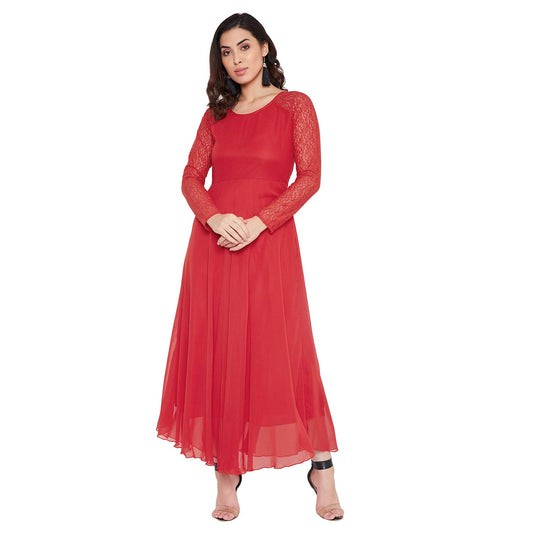 HELLO DESIGN Women Red Solid Fit & Flare Maxi Dress