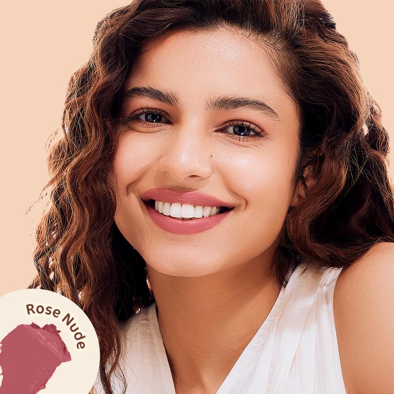 Mamaearth Creamy Matte Long Stay Lipstick with Murumuru Butter and Vitamin E for 8-Hour Long Stay (Flakeproof & Non-Drying | Intense Color Payoff) - 4.2g (Rose Nude)