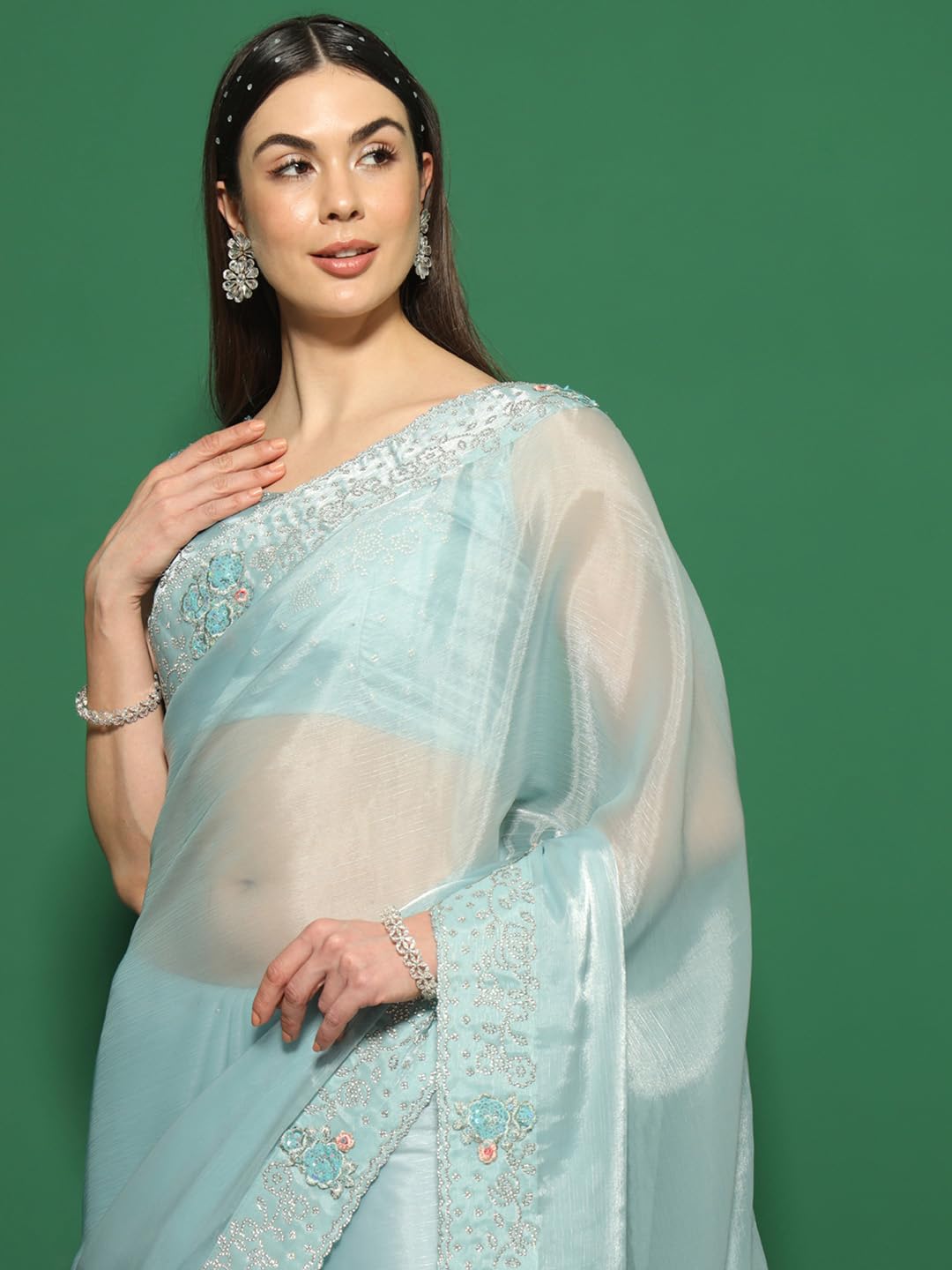 SAREE MALL Women's Organza Solid Saree With Unstitched Blouse Piece(Teal blue_FF0MAHEK737G_MK)