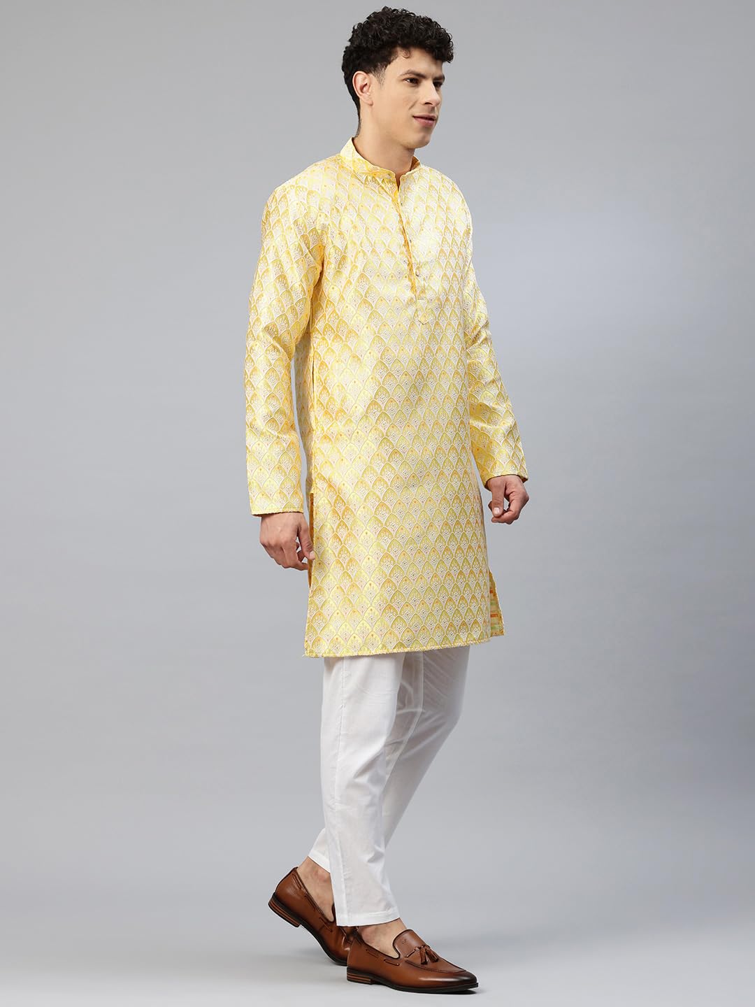 Luxrio Men's Silk Blend Jacquard Self Embroidered Textured Ethinc Motifs Traditional Long Kurta Full Sleeves Yellow Size L