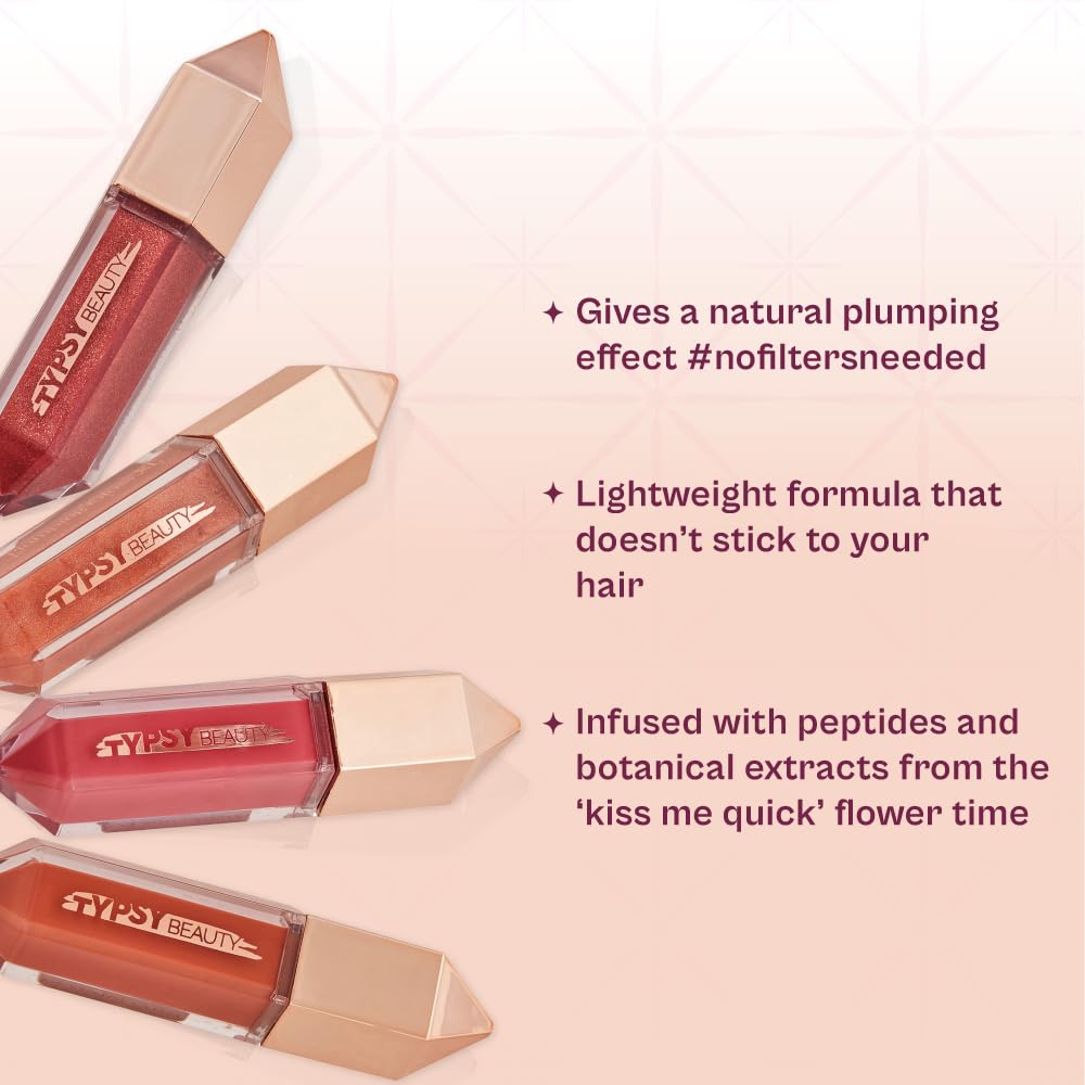 Typsy Beauty Crystal Crush Plumping Lip Gloss XL I Sparkling Sunstone I High Shine Clear Base with Gold Shimmer, Lip Plumping Effect, Non-sticky, Infused with Peptides & Botanical Extract, Vegan, 7ml