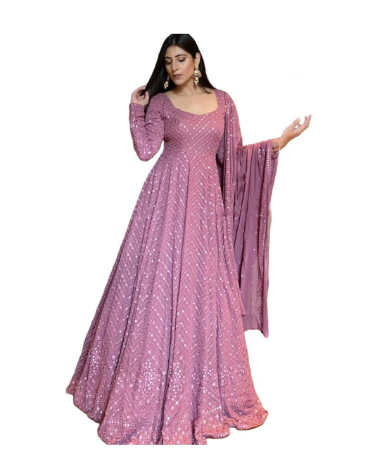 Omkar Textile's Women Light Purple Georgette Anarkali Gown With Dupatta Set (Ready To Wear) For Wedding, Evening,Party, Brthday Etc. (Xx-Large)