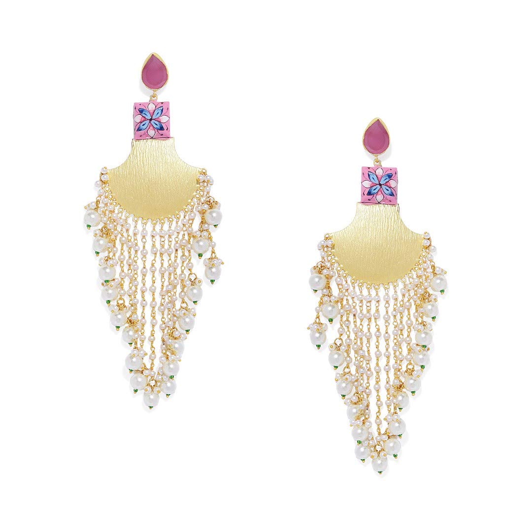 Accessher Gold Plated Statement Modern Chandbali Style Chandelier Dangle Earrings with Pearl Drop Tassels and Push Back Closure for Women and Girls Pack of 1 Pair