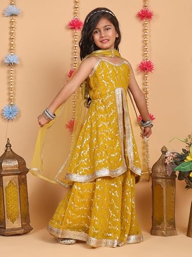 superminis Girls Georgette Sequins Embroidery Sleeveless Lehenga Choli with Net Dupatta Ethnic Wear Set (4-5 Years, Mustard)