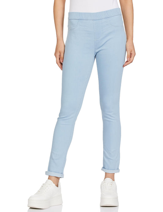 MAX Women Solid Elasticated Waist Jeggings,Light Blue,XS