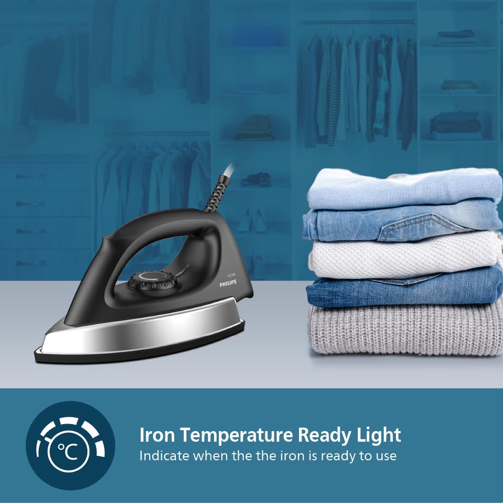 PHILIPS Stainless_Steel Heavyweight Dry Iron Gc181/8-1000 Watts Power, Black Non-Stick Soleplate, Ergonomic Grip