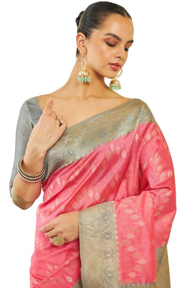 Soch Womens Pink Tussar Silk Saree With Woven Zari Designs And Grey Pallu