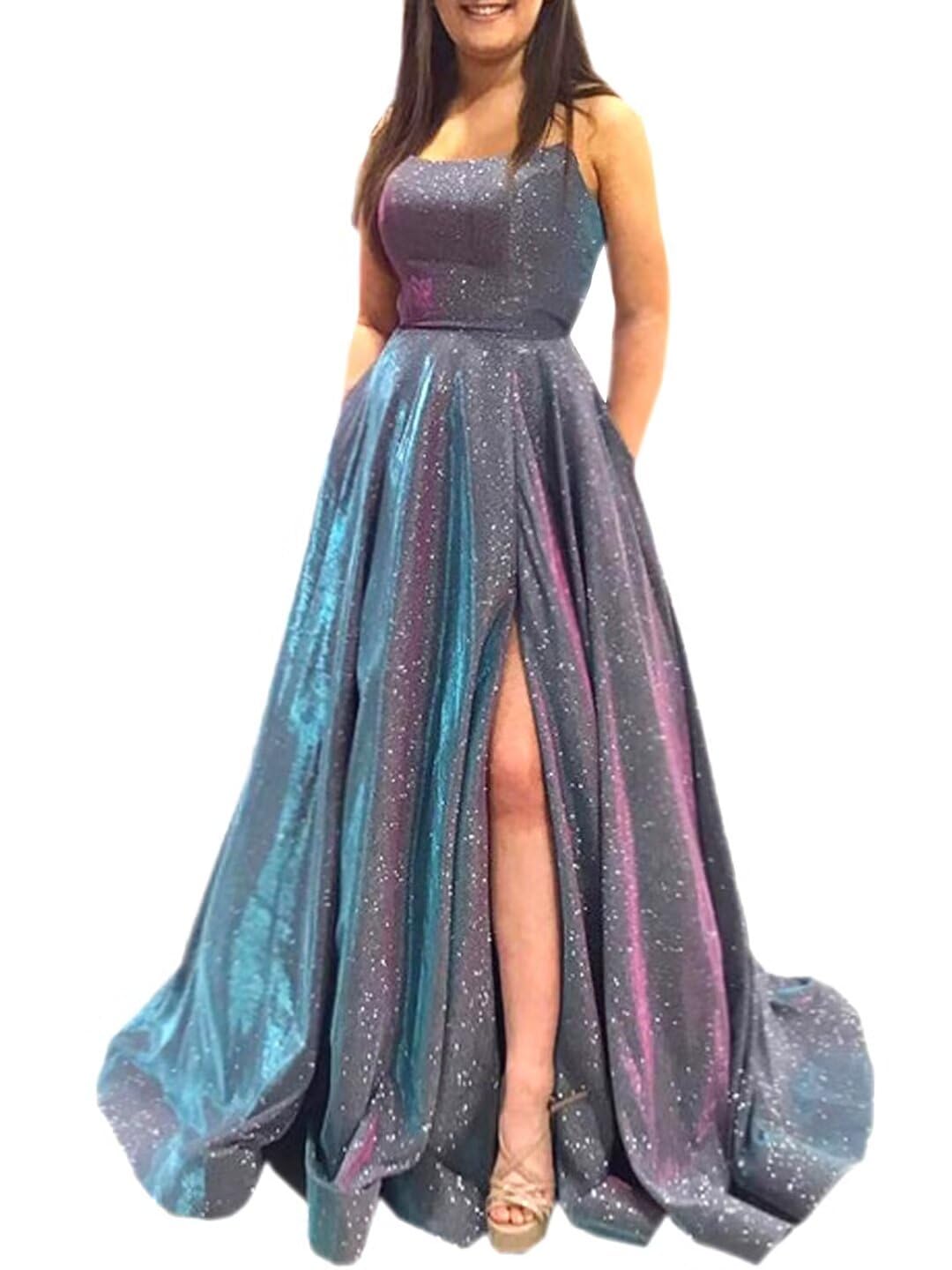 GRAB A DRESS Women Bling Prom Dresses Long A Line Spaghetti Straps Formal Evening Ball Gowns Glitter Party Floor Length Dress 2020 Steel