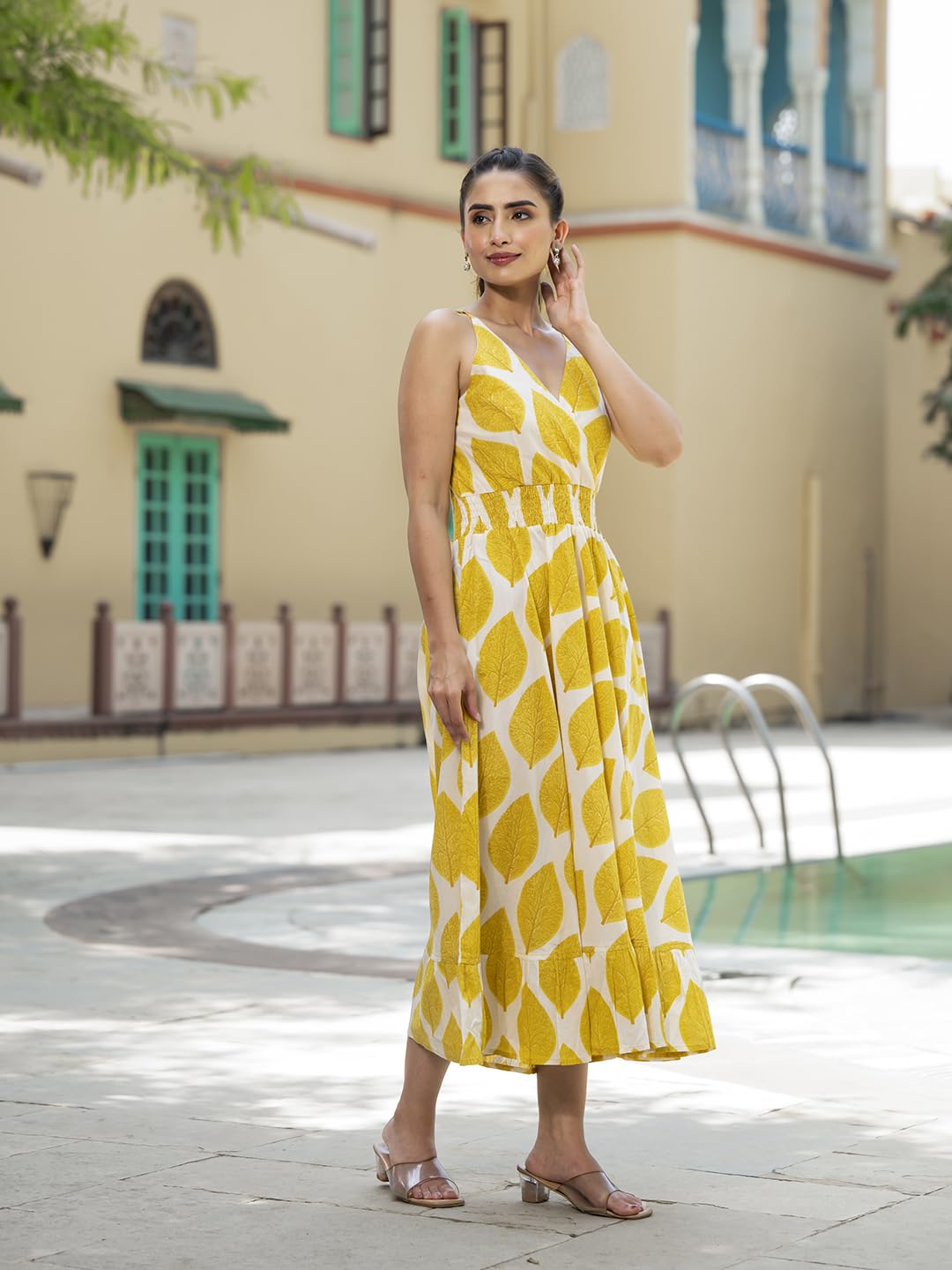 Divena Yellow Printed Pure Cotton Fit & Flare Dress