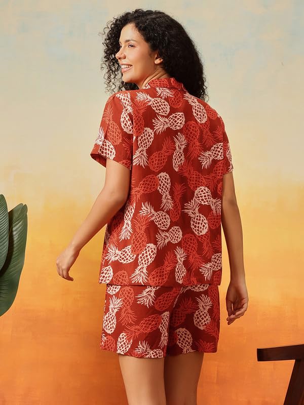Clovia Women's Rayon Co-ord Nightwear Set – Printed Button-Down Shirt & Shorts | Lounge & Sleep Set (LS0141G06_Brown_XL)