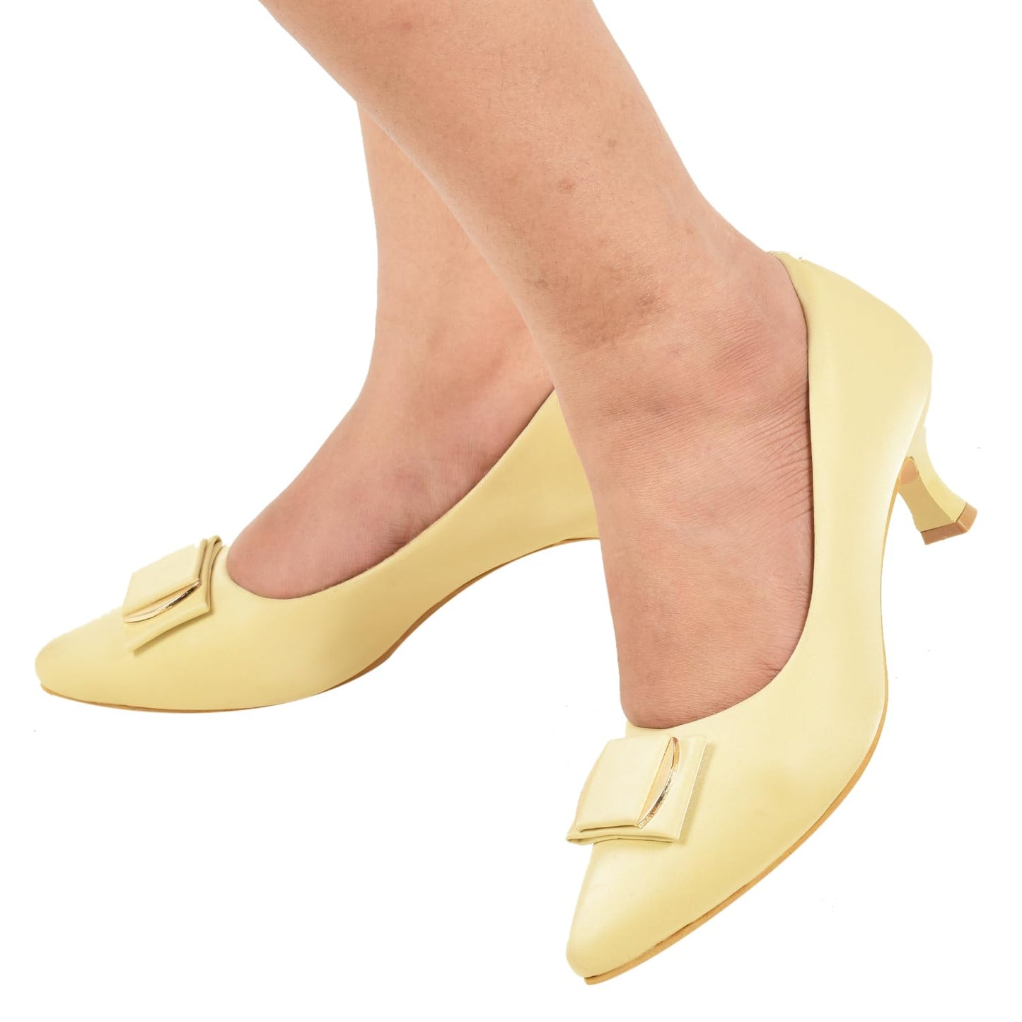 XE Looks Women's Cream Classic Kitten Heels | Pointed Toe Pumps with Stylish Gold Buckle | Elegant & Comfortable Kitten Heels For Girls & Women
