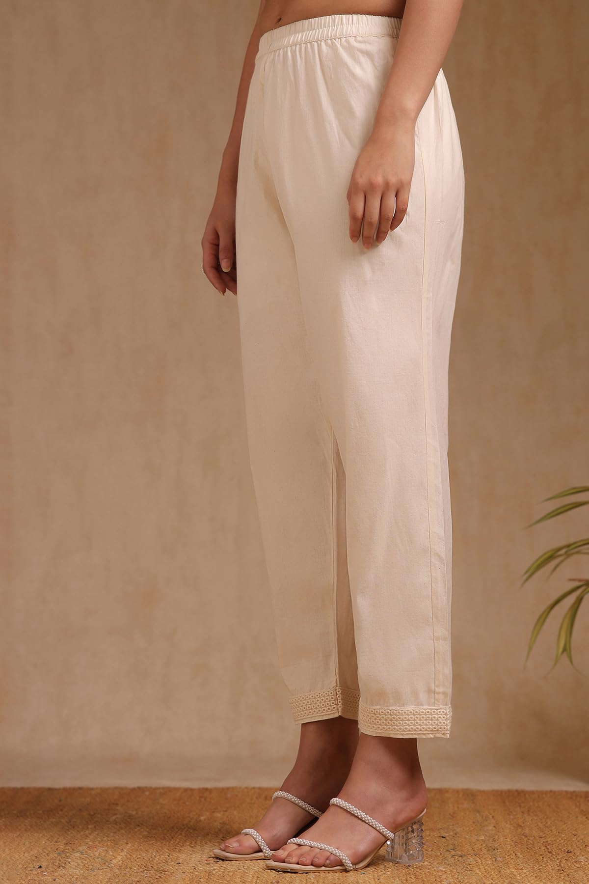 Soch Womens Off White Cotton Floral Print Suit Set With Thread Work