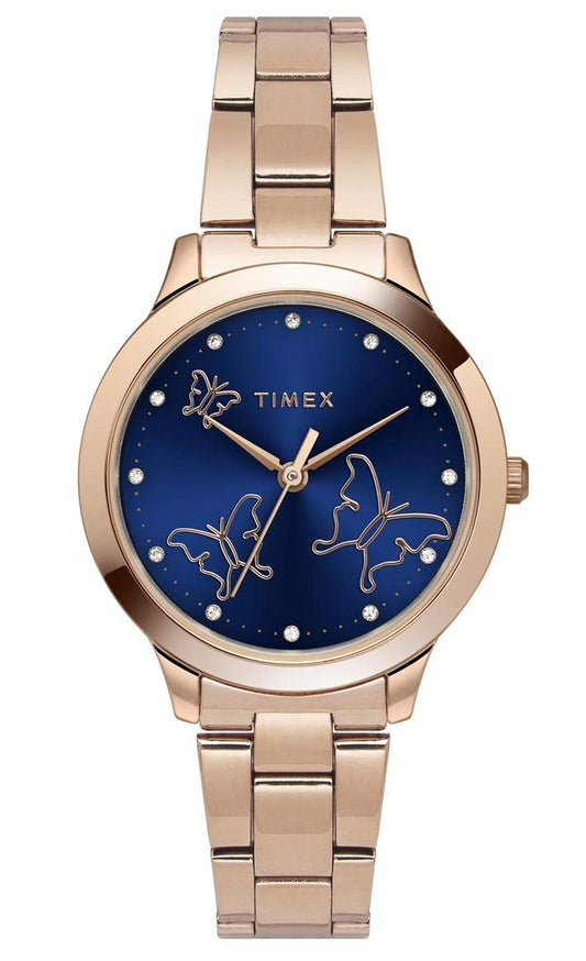 TIMEX Analog Watch for Women with Blue Round Dial & Rose Gold Stainless Steel Bracelet Band Water Resistant Women's Wrist Watches - TW000T631