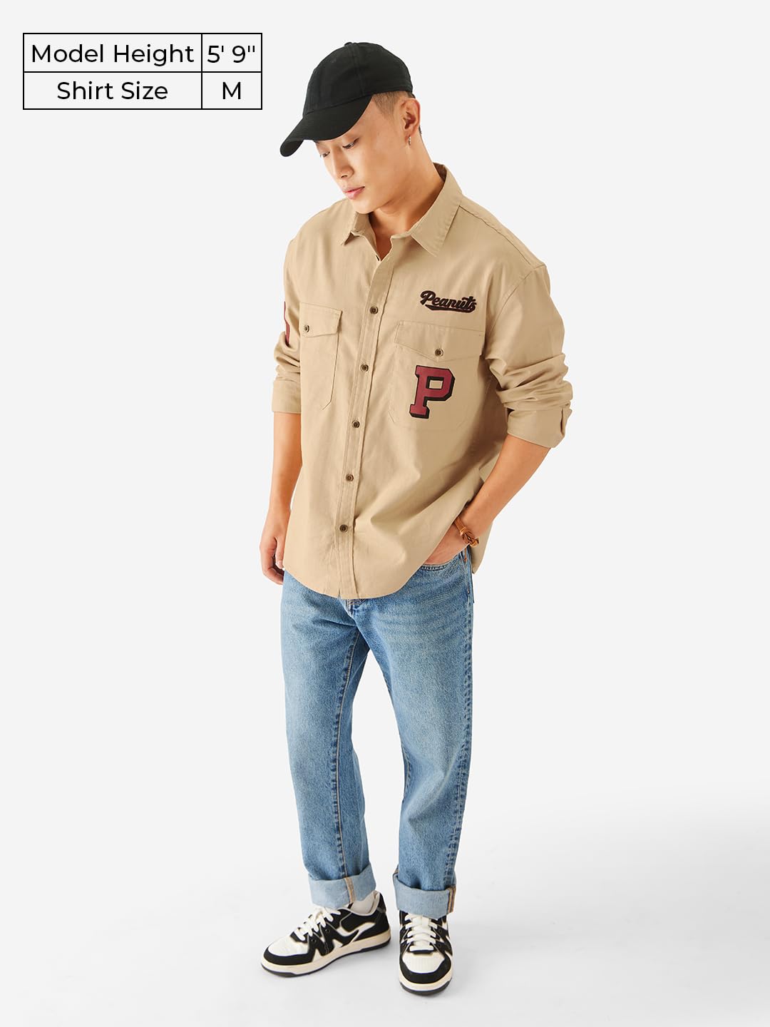 The Souled Store Official Peanuts: Big 50 Men and Boys Long Sleeve Collared Neck Button Down Brown Graphic Printed Regular Fit Cotton Utility Shirts