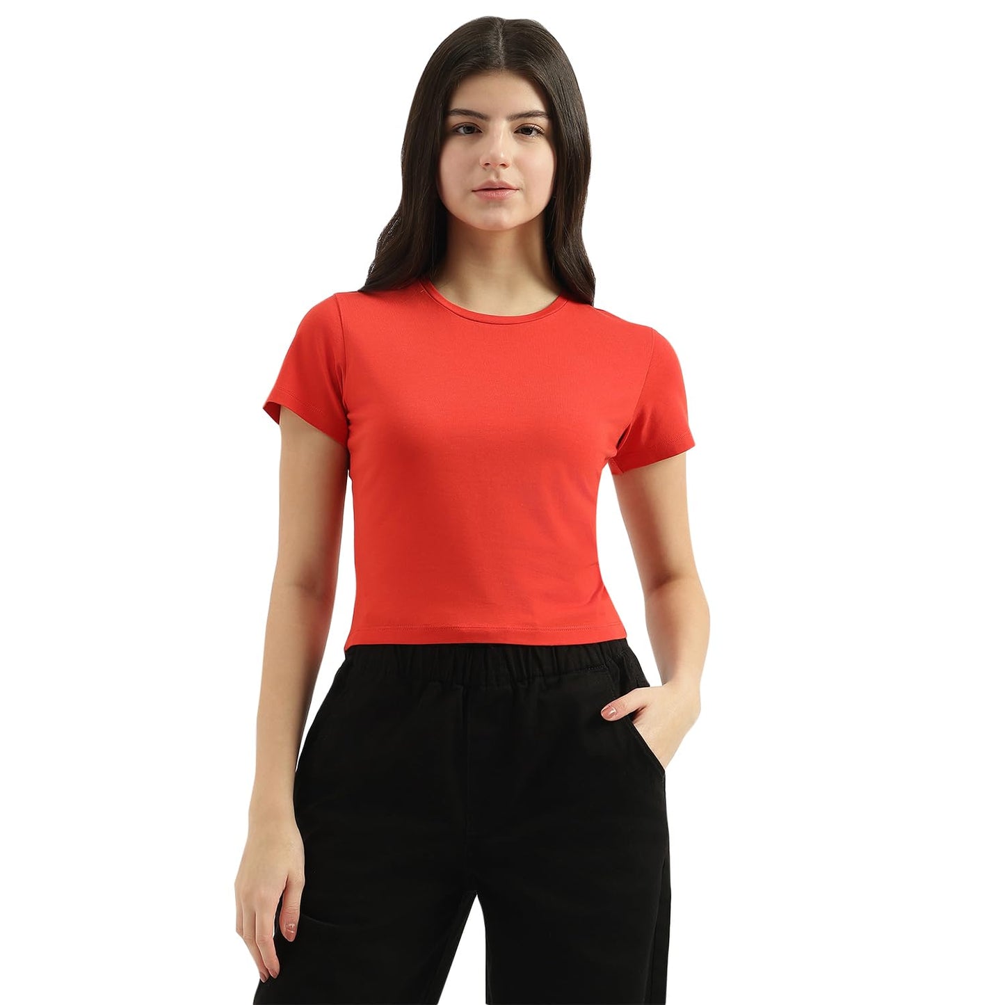 United Colors of Benetton Round Neck Solid T-Shirt (Size: L)-25P3059W3831I29L Red