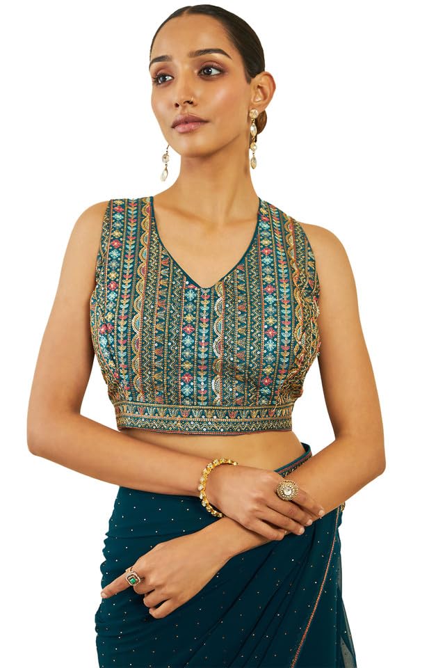 Soch Womens Turquoise Blue Georgette Saree With Stones And Embroidery