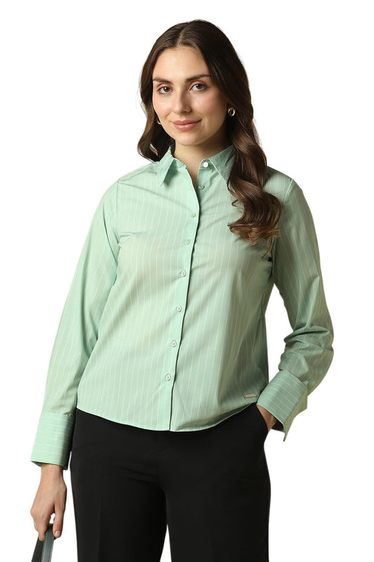 Women Green Stripe Long Sleeves Shirt