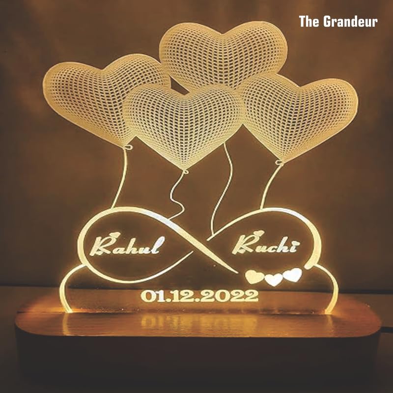 THE GRANDEUR 3D Illusion LED Lamp | Warm White (8x6 Inch) | Customized Name, Date | Best Gift for Wedding, Anniversary, Birthday, Valentine's Day for Husband Wife Couple Girlfriend Boyfriend