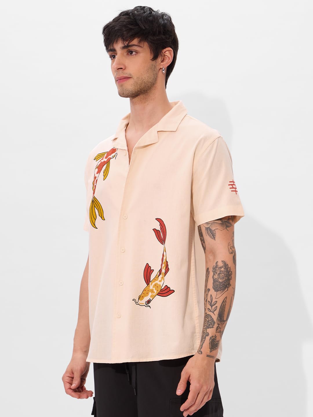 The Souled Store So Koi Men and Boys Collared Neck Button Front Orange Embroidered Regular Fit Cotton Half Sleeve Shirts