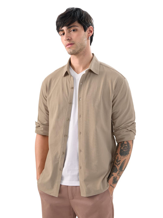The Souled Store Mudbrown Men and Boys Long Sleeve Collared Neck Button Front Solid Regular Fit Cotton Textured Shirts