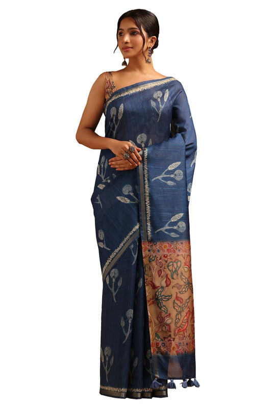Soch Womens Navy Blue Tussar Botanical Saree