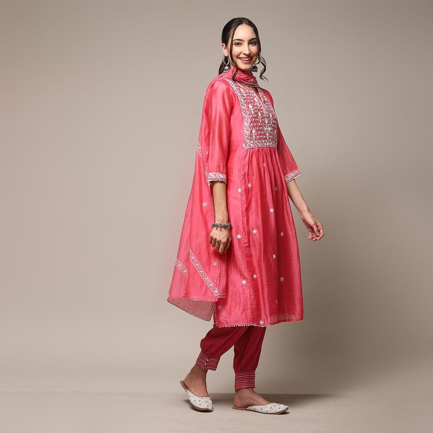 BIBA WOMEN EMBROIDERY RELAXED SALWAR KURTA DUPATTA(SKDGULNAAZ8670_BRIGHT PINK_34)