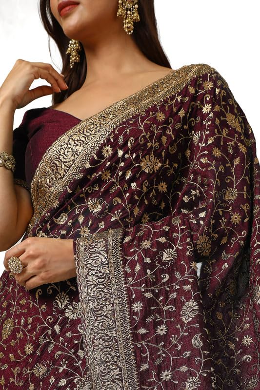 Soch Womens Wine Tussar Embroidered Saree With Stone Work