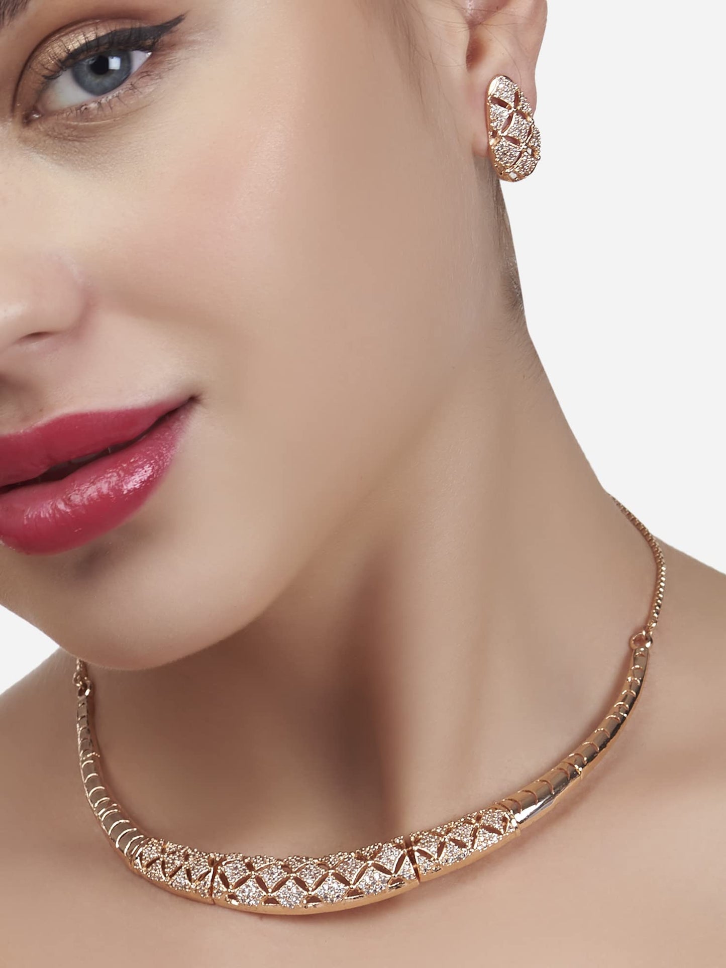 ZAVERI PEARLS Rose Gold Cubic Zirconia Party Bling Necklace & Earring Set For Women-ZPFK15274