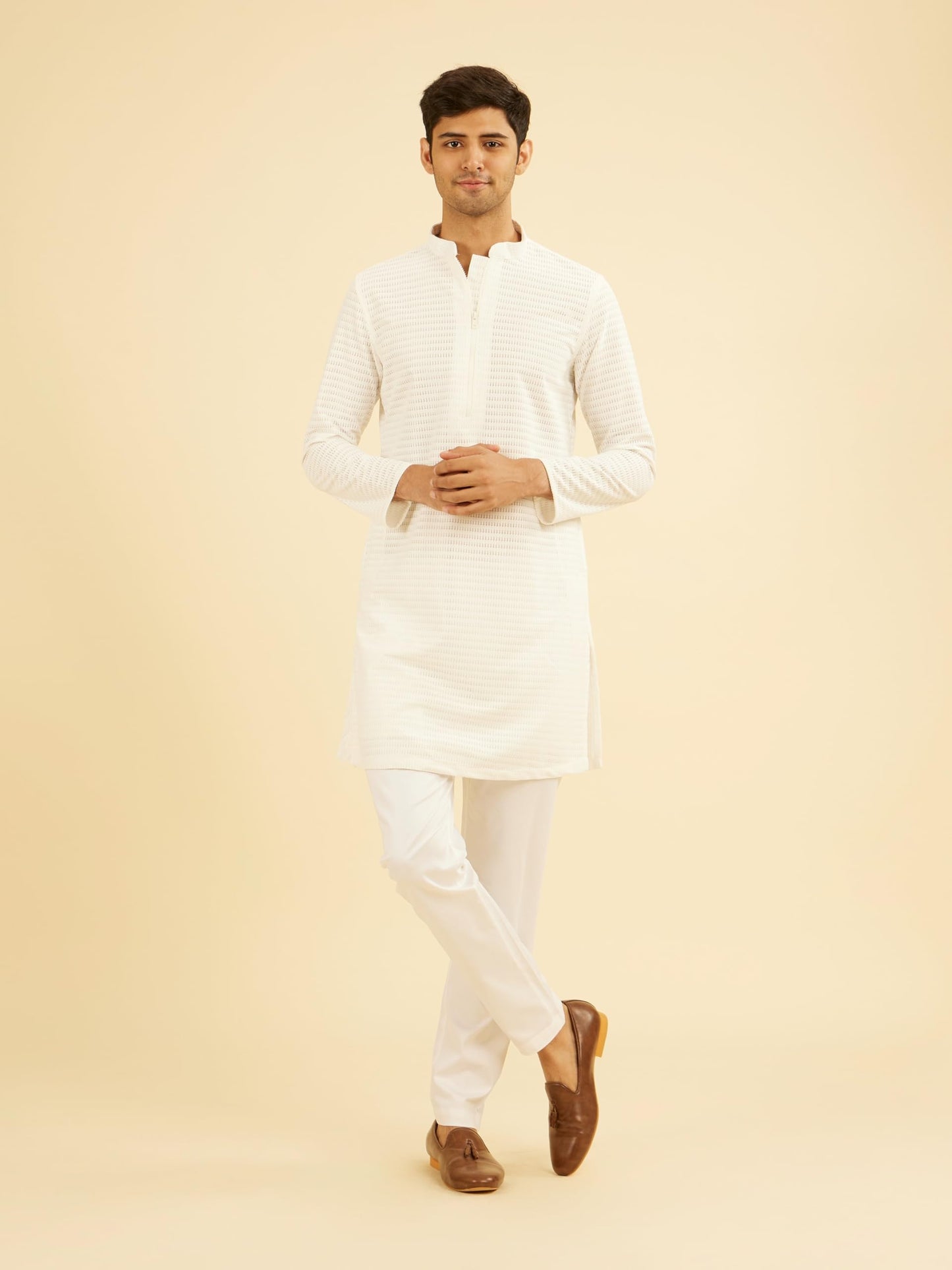 Manyavar Men's Knit Self Design with Zip Neck Mid Length Kurta(White,XXL)