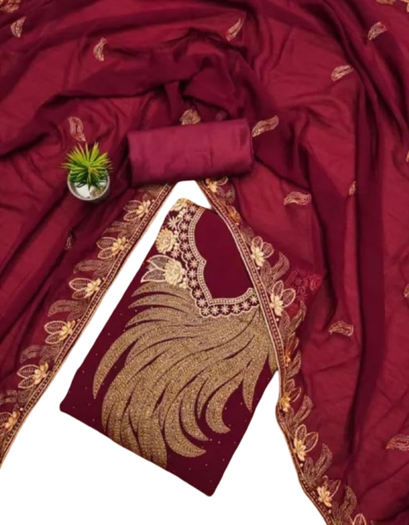 VARNI FABRICS Georgette Dress Material for Women Embroidered Unstitched Woman Salwar Suit Dress Material With Georgette Dupatta Deep Maroon