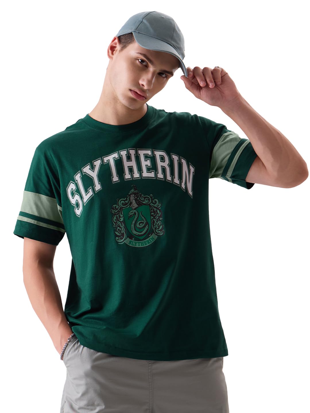 The Souled Store Harry Potter: Slytherin Mens Regular Fit Graphic Printed Half Sleeve Cotton Green T-Shirts Men's t-Shirts Graphic tees Casual Fashion Regular fit Sleeves Round Neck Printed Shirts