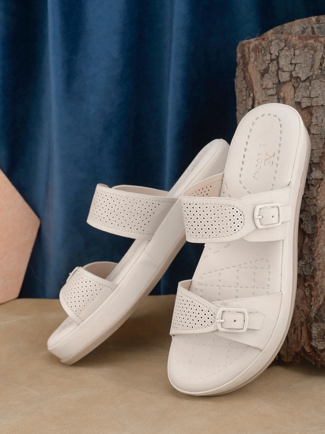XE Looks Elegant Light Cream Stylish Buckle Sandals - Perforated Comfort for Everyday Style