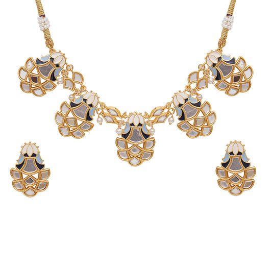 VOYLLA Festive Hues Mirror Work Enamelled Brass Gold Plated Choker Jewellery Set