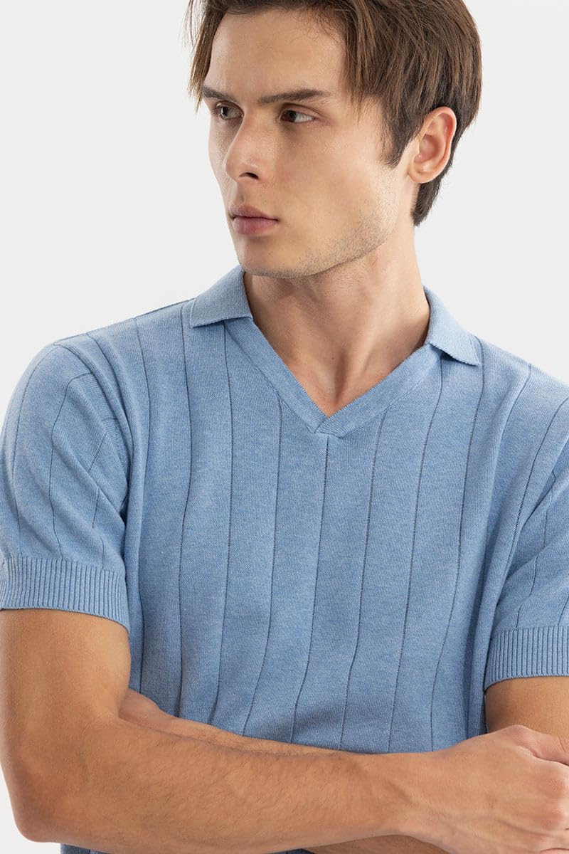 SNITCH Men's Polo T-Shirt | Textured Slim Fit Half Sleeve Self-Design | Breathable 100% Cotton Casual & College Wear Everyday Stylish Polo for Men | Light Blue