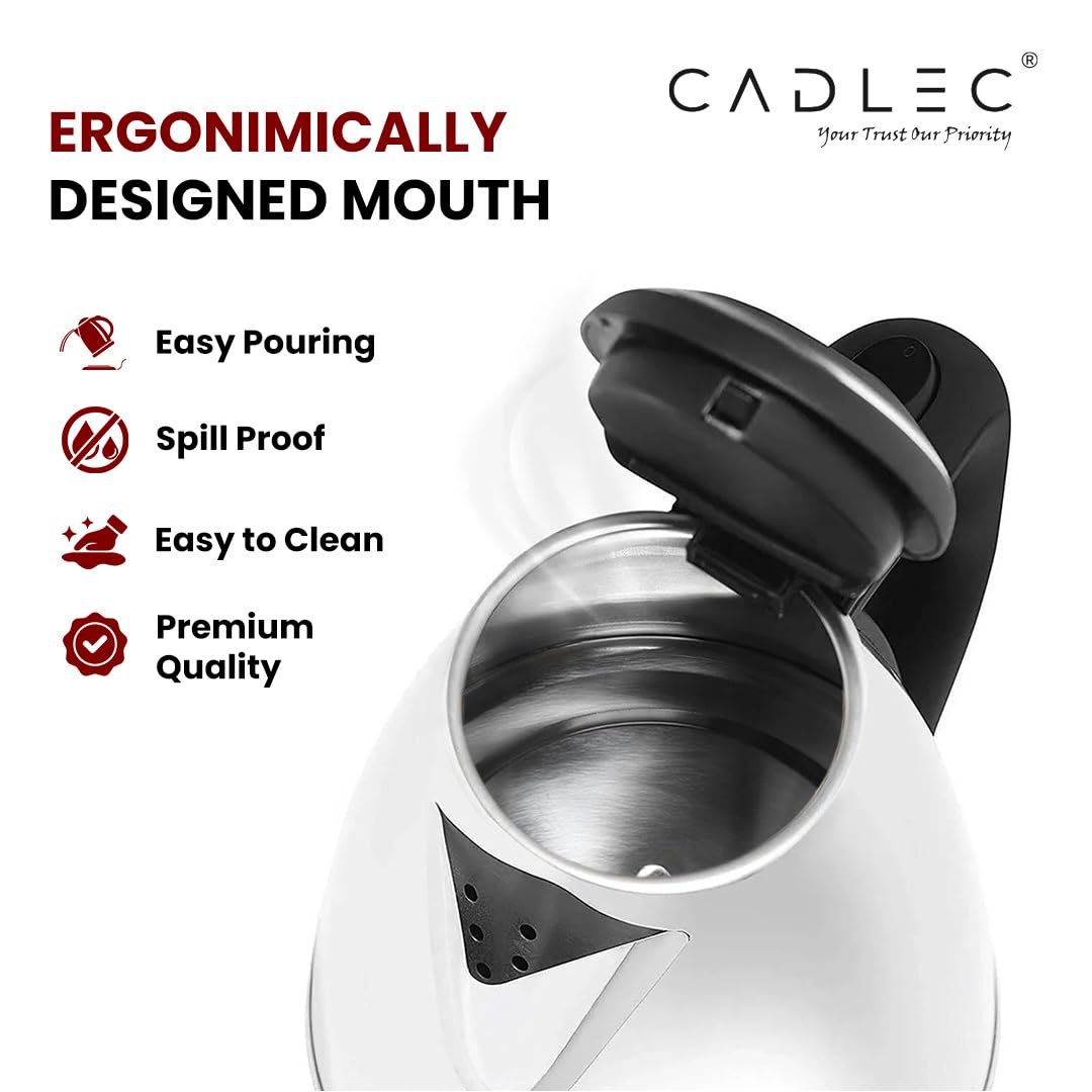 Cadlec Aquanix 1.8 Litre Electric Kettle with Stainless Steel Body | Automatic Cut-Off | Cool-Touch Handle & Lid | Multi-Use for Tea, Coffee, Noodles | 1500W | 2-Year Warranty