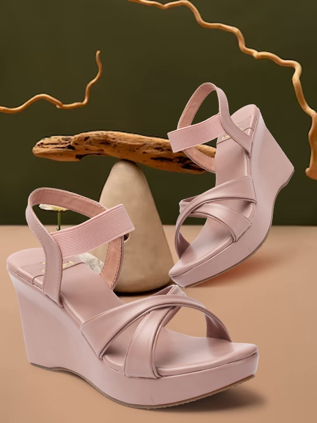 XE Looks Women's Peach Wedge Heel Sandals | Stylish Cross Strap Slip-On Sandals for Girls | Comfortable Cushioned Sole | Open Toe Design | Ideal for Casual