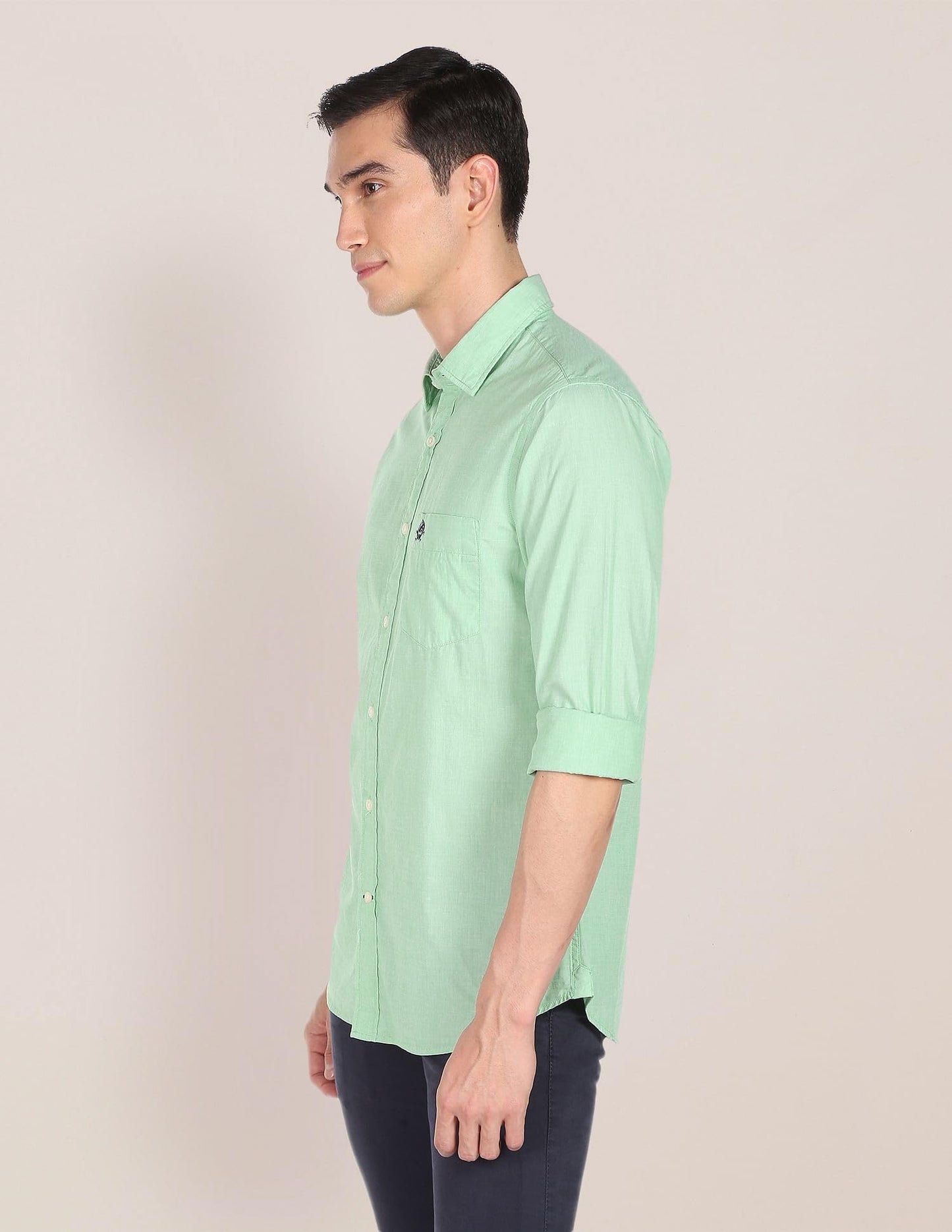U.S. POLO ASSN. Men's Solid Spread Collar Premium Cotton Tailored Fit Shirt (USSHTR0004_Green_L)