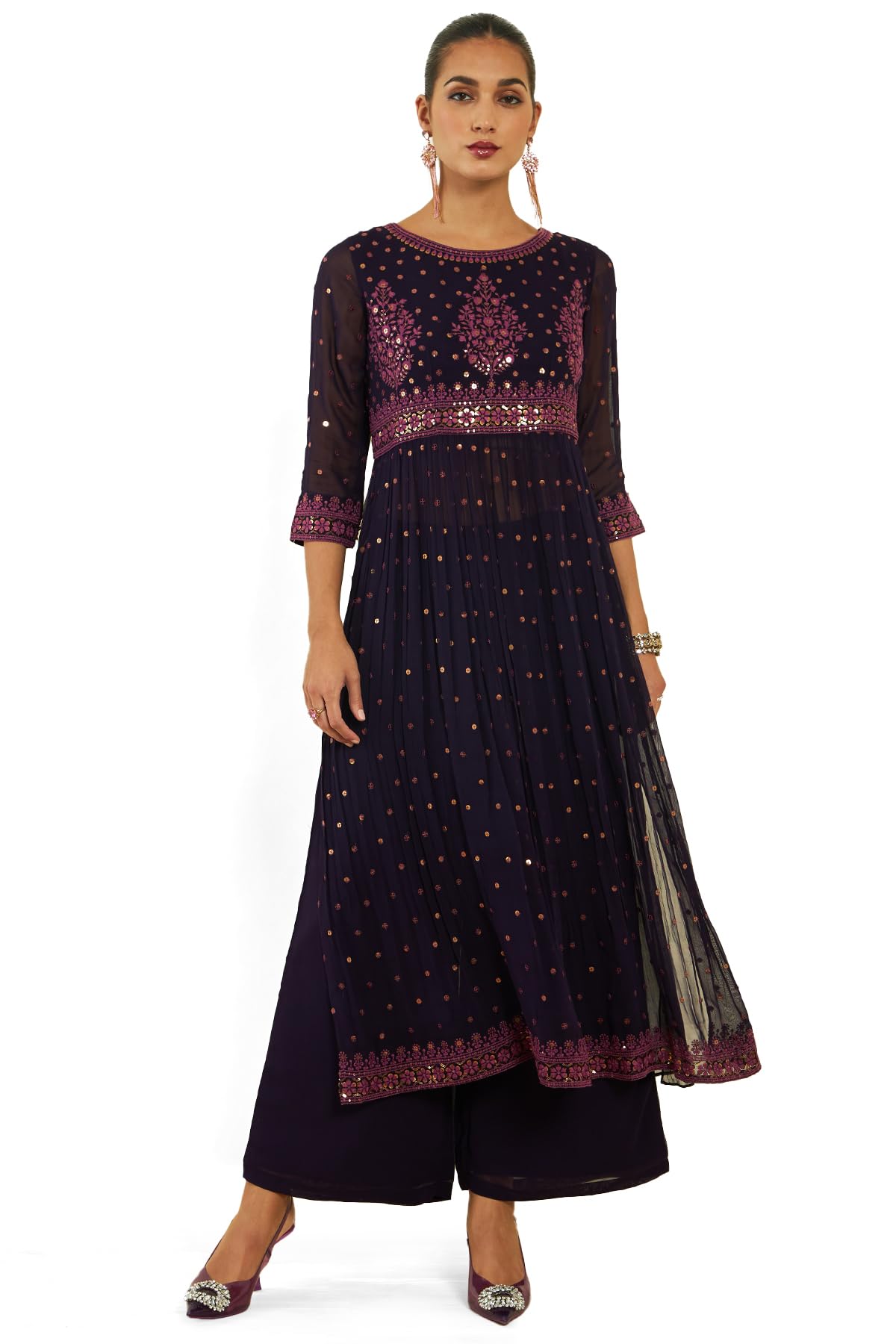 Soch Womens Wine Georgette Suit Set With Embroidery And Sequins