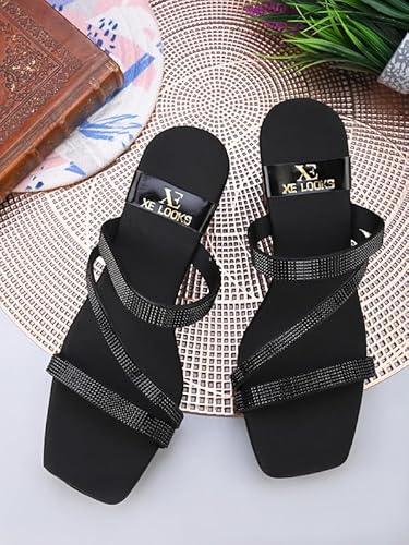 XE Looks Black Women's Fashion Sandals | Faux Leather Soft and Trendy SlipOn Block Heel | Casula & Wedding Occasion | For Women & Girls