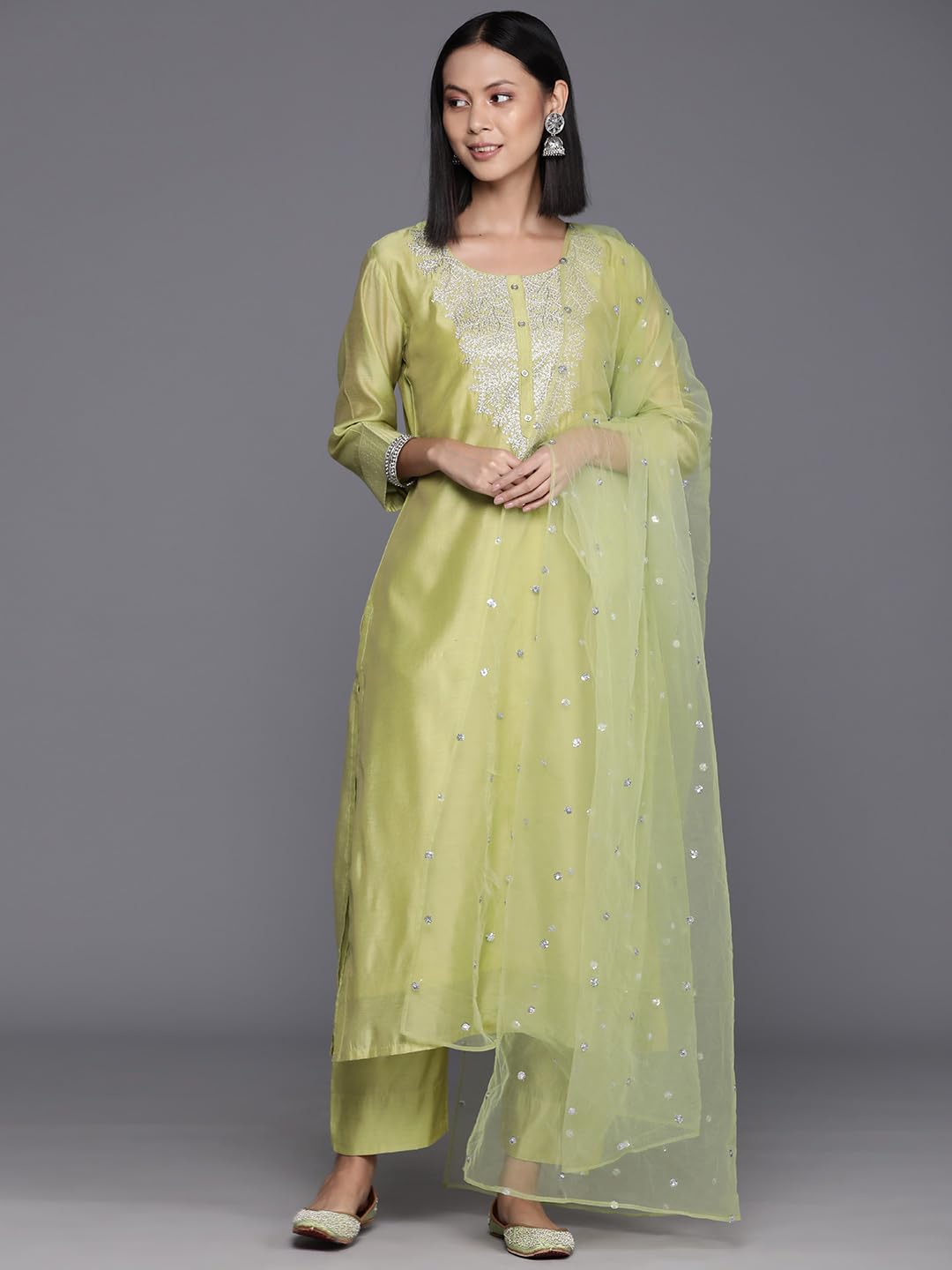 DISHWA FASHION Women's Embroidered Chanderi Kurti, Salwar and Dupatta Set (XX-Large, GREEN)