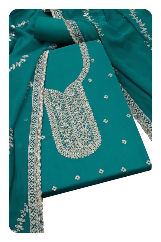 Soch Womens Teal Chinon Embroidered Unstitch Dress Material With Sequins