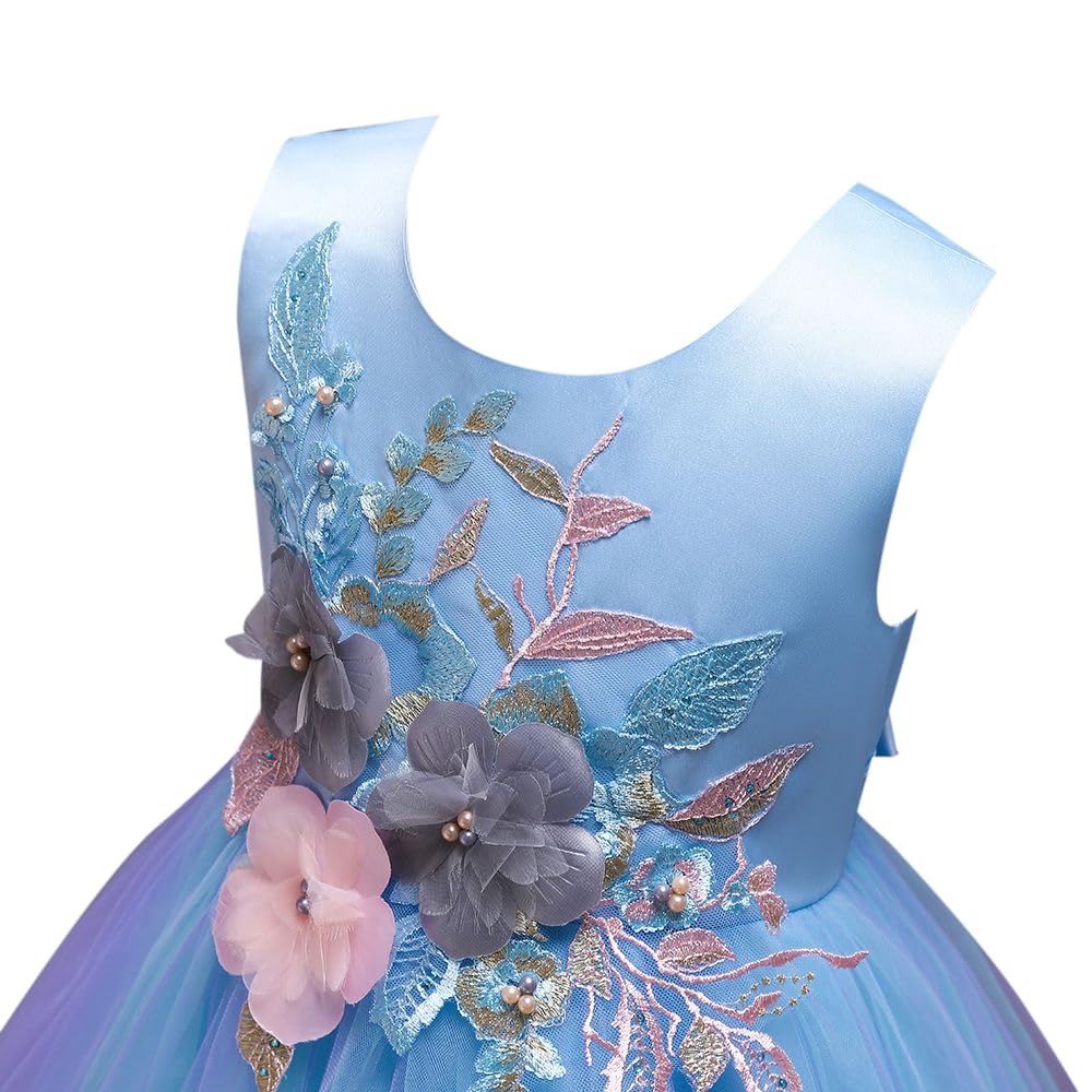 Hopscotch Girls Sleeveless Floral Applique Party Dress In Blue Color for Ages 6-7 Years