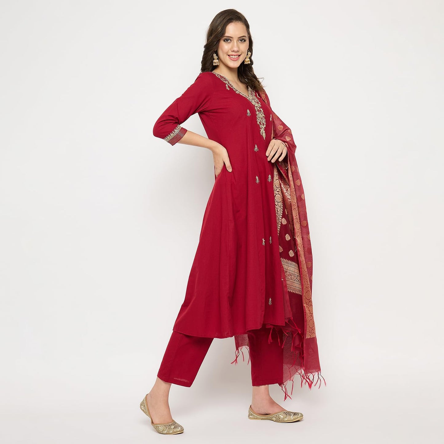 Rangavali Mangalagiri Anarkali Suit Set | Maroon Embroidered Managalgiri Readymade Outfit Kurta, Pant & Banarasi Dupatta for Women | Kurti Set for Ladies | 3 Pcs, 2XL, 42