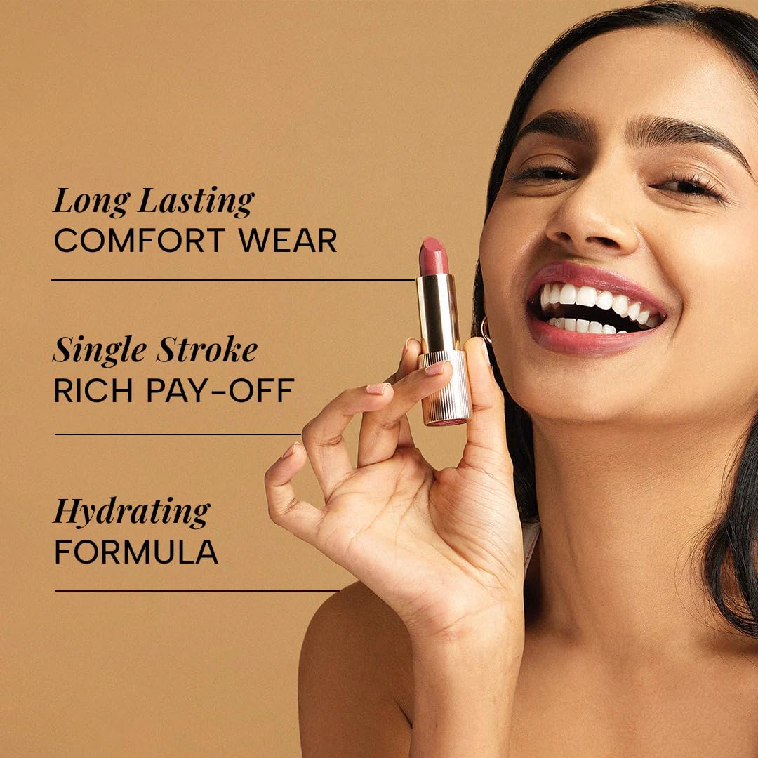 RAS Luxury Oils Lumiere Satin Matte Lipstick | 8-Hr long stay Creamy Matte, Non-Drying, Lightweight & Pigmented | Natural infusion of Argan & Avocado | Vegan, Cruelty-Free (Champagne Blush)